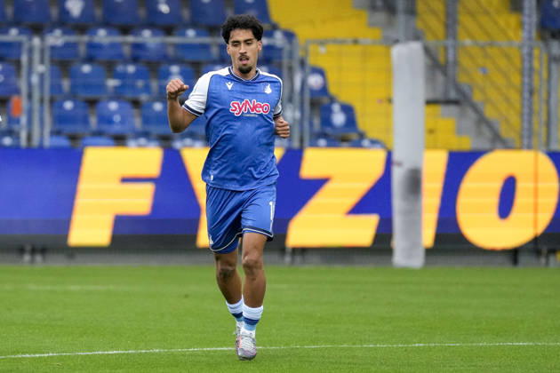 Goal scorer Yasin Zor (TSG II, 10), a player for TSG 1899 Hoffenheim II U23, celebrates the 1-0 goal; celebration, celebrating, goal celebration, goal scored, celebrate the goal, goal, celebration, celebrating the goal, joy, happiness, happy, optimistic, positive, game scene, highlight, cropped image, full-body shot, single frame, single photo, action, 18 10 2026, Sinsheim, Germany, soccer, 3rd Division, TSG 1899 Hoffenheim II vs. SC Verl, DFB and DFL regulations prohibit any use of photographs as image sequences and or quasi-video xozx