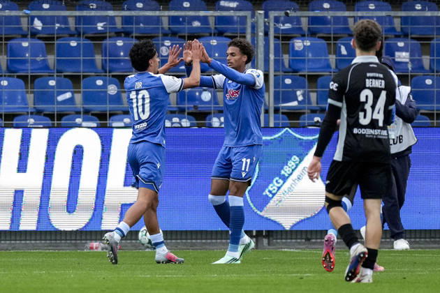 From left: Goal scorer Yasin Zor (TSG II), 10, Jykese Fields (TSG II), 11, players from TSG 1899 Hoffenheim II U23, celebrating the 2-0 goal, Celebration, goal celebration, scoring a goal, celebrating the goal, goal, celebration, celebrating the goal, joy, happiness, happy, optimistic, positive, game scene, highlight, action, 18 10 2026, Sinsheim, Germany, soccer, 3rd Division, TSG 1899 Hoffenheim II vs. SC Verl, DFB and DFL regulations prohibit any use of photographs as image sequences and or quasi-video xozx