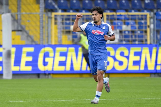 Goal scorer Yasin Zor (TSG II, 10), a player for TSG 1899 Hoffenheim II U23, celebrates the 2-0 goal; celebration, celebrating, goal celebration, goal scored, celebrate the goal, goal, celebration, celebrating the goal, joy, happiness, happy, optimistic, positive, game scene, highlight, cropped image, full-body shot, single image, single photo, action, 18 10 2026, Sinsheim, Germany, soccer, 3rd Division, TSG 1899 Hoffenheim II vs. SC Verl, DFB and DFL regulations prohibit any use of photographs as image sequences and or quasi-video xozx