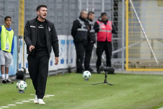 Orest Shala, Coach, Head Coach, SC Verl, cutout, Full-body, single image, single photo, action, is angry, shouting, screaming, on the sidelines, at the sideline, October 18, 2026, Sinsheim, Germany, soccer, 3. Liga, TSG 1899 Hoffenheim II vs. SC Verl, DFB and DFL regulations prohibit any use of photographs as image sequences and or quasi-video xozx