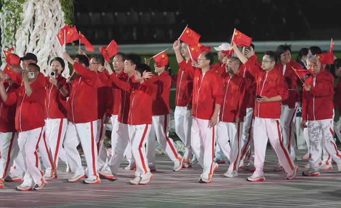 (261018) -- NAGOYA, Oct. 18, 2026 -- The delegation of China parades into the stadium during the opening ceremony of the Aichi-Nagoya Asian Para Games in Nagoya, Japan, Oct. 18, 2026. ) (SP)JAPAN-NAGOYA-ASIAN PARA GAMES-OPENING CEREMONY CaixYang 