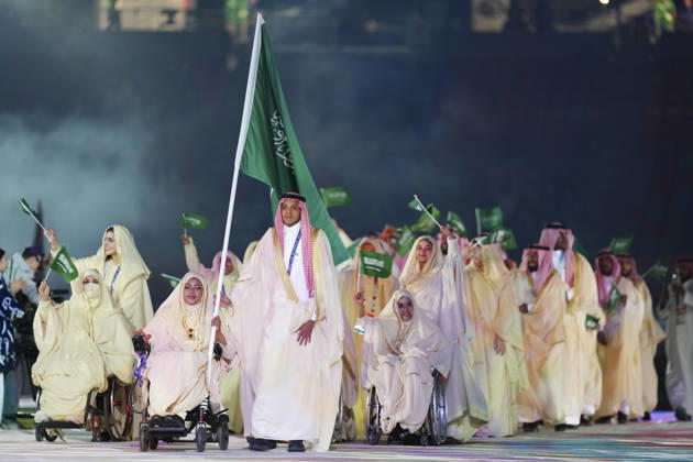 (261018) -- NAGOYA, Oct. 18, 2026 -- The delegation of Saudi Arabia parades into the stadium during the opening ceremony of the Aichi-Nagoya Asian Para Games in Nagoya, Japan, Oct. 18, 2026. ) (SP)JAPAN-NAGOYA-ASIAN PARA GAMES-OPENING CEREMONY JiaxHaocheng 