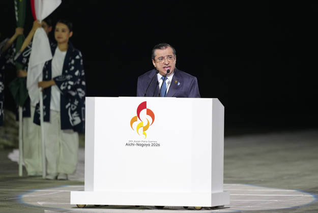 (261018) -- NAGOYA, Oct. 18, 2026 -- Majid Rashed, president of the Asian Paralympic Committee, speaks during the opening ceremony of the Aichi-Nagoya Asian Para Games in Nagoya, Japan, Oct. 18, 2026. ) (SP)JAPAN-NAGOYA-ASIAN PARA GAMES-OPENING CEREMONY JiaxHaocheng 