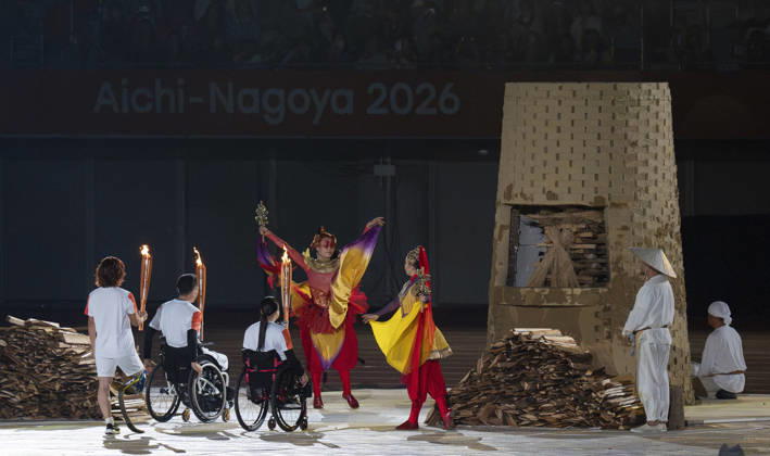 (261018) -- NAGOYA, Oct. 18, 2026 -- Torch bearers relay the torch during the opening ceremony of the Aichi-Nagoya Asian Para Games in Nagoya, Japan, Oct. 18, 2026. ) (SP)JAPAN-NAGOYA-ASIAN PARA GAMES-OPENING CEREMONY CaixYang 