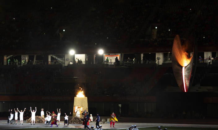 (261018) -- NAGOYA, Oct. 18, 2026 -- The cauldron is lit during the opening ceremony of the Aichi-Nagoya Asian Para Games in Nagoya, Japan, Oct. 18, 2026. ) (SP)JAPAN-NAGOYA-ASIAN PARA GAMES-OPENING CEREMONY CaixYang 