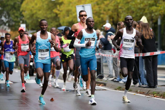 RECORD DATE NOT STATED 18th October 2026; Amsterdam, Netherlands; TCS Amsterdam Marathon; Pacemakerslead a group of elite men along Beethovenstraat AnthonyxBenoit