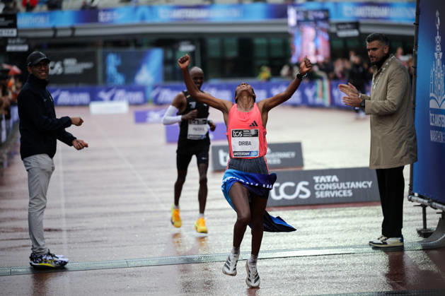RECORD DATE NOT STATED 18th October 2026; Amsterdam, Netherlands; TCS Amsterdam Marathon; Buze Diriba of Ethiopia crosses the finish line to win the female elite race in a course record time of 2:16:12, the fastest women s marathon ever run in the Netherlands AnthonyxBenoit