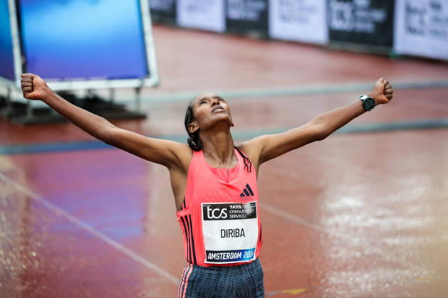 RECORD DATE NOT STATED 18th October 2026; Amsterdam, Netherlands; TCS Amsterdam Marathon; Buze Diriba of Ethiopia celebrates her victory in the finish area AnthonyxBenoit