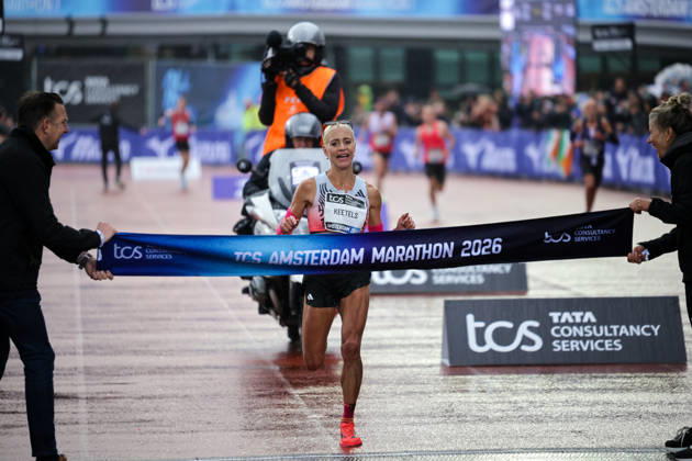 RECORD DATE NOT STATED 18th October 2026; Amsterdam, Netherlands; TCS Amsterdam Marathon; Mikky Keetels of the Netherlands crosses the finish line as the fastest Dutch woman, 14th, in a personal best time of 2:30:36 AnthonyxBenoit