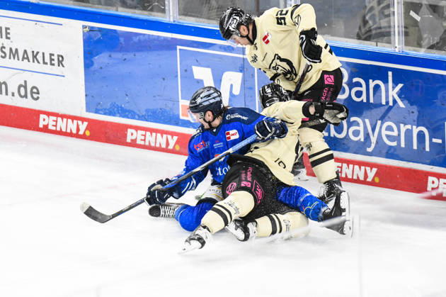 Straubing Tigers vs. Grizzlys Wolfsburg, Ice Hockey, German Ice Hockey League, Penny DEL, Matchday 10, 2026–2027 Season, October 18, 2026: Tarjo Jentzsch—Straubing Tigers Downed by Fabio Pfohl’s Grizzlys Wolfsburg, Men’s Ice Hockey, German Ice Hockey League, Penny DEL, Matchday 10, 2026–2027 Season on October 18, 2026, at the Eisstadion am Pulverturm, Straubing Tigers (blue) vs. Grizzlys Wolfsburg (beige)