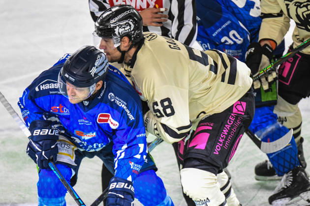Straubing Tigers vs. Grizzlys Wolfsburg, Ice Hockey, German Ice Hockey League, Penny DEL, Matchday 10, 2026–2027 Season, October 18, 2026: Tim Brunnhuber of the Straubing Tigers at the faceoff with Tyler Gaudet of the Grizzlys Wolfsburg, Men’s Ice Hockey, German Ice Hockey League, Penny DEL, Matchday 10, 2026–2027 Season on October 18, 2026, at the Eisstadion am Pulverturm; Straubing Tigers (blue) vs. Grizzlys Wolfsburg (beige)