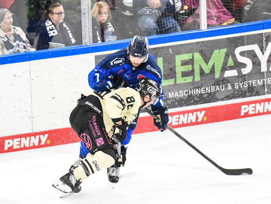Straubing Tigers vs. Grizzlys Wolfsburg, Ice Hockey, German Ice Hockey League, Penny DEL, Matchday 10, 2026–2027 Season, October 18, 2026: Nicolas Beaudin of the Straubing Tigers battles Tyler Morley of the Grizzlys Wolfsburg, Men’s Ice Hockey, German Ice Hockey League, Penny DEL, Matchday 10, 2026–2027 Season on October 18, 2026, at the Eisstadion am Pulverturm; Straubing Tigers (blue) vs. Grizzlys Wolfsburg (beige)