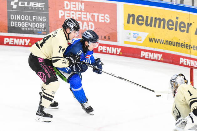 Straubing Tigers vs. Grizzlys Wolfsburg, Ice Hockey, German Ice Hockey League, Penny DEL, Matchday 10, 2026–2027 Season, October 18, 2026: Filip Varejcka (Straubing Tigers) vs. Lester Lancester (Grizzlys Wolfsburg), Men’s Ice Hockey, German Ice Hockey League, Penny DEL, Matchday 10, 2026–2027 Season on October 18, 2026, at the Eisstadion am Pulverturm, Straubing Tigers (blue) vs. Grizzlys Wolfsburg (beige)