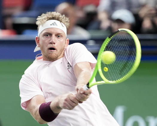 (261018) -- SHANGHAI, Oct. 18, 2026 -- Alejandro Davidovich Fokina of Spain hits a return during the men s singles final match against Rafael Jodar of Spain at the 2026 ATP, Tennis Herren tour Shanghai Masters tennis tournament in Shanghai, China, Oct. 18, 2026. ) (SP)CHINA-SHANGHAI-TENNIS-SHANGHAI MASTERS-MEN S SINGLES (CN) WangxXiang 