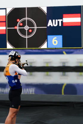 October 18, 2026, GER, Biathlon, Women, IBU Biathlon Loop One Festival 2026, 2026–2027 Season, Women’s Super Sprint Qualification Heat 1–4: Anna Gandler (AUT), standing at the shooting range during warm-ups at the Munich Olympic Park, Bavaria, Germany Copyright: xNordphoto Vux