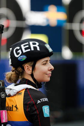 October 18, 2026, GER, Biathlon, Women, IBU Biathlon Loop One Festival 2026, 2026–2027 Season, Women’s Super Sprint Qualification Heat 1–4: Johanna Puff (DEU), No. 43, pictured warming up at the Olympic Park in Munich, Bavaria, Germany Copyright: xNordphoto Vux