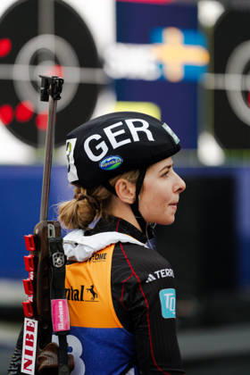 October 18, 2026, GER, Biathlon, Women, IBU Biathlon Loop One Festival 2026, 2026–2027 Season, Women’s Super Sprint Qualification Heat 1–4: Johanna Puff (DEU), No. 43, pictured warming up at the Olympic Park in Munich, Bavaria, Germany Copyright: xNordphoto Vux