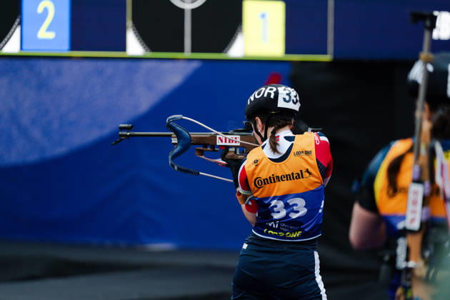 October 18, 2026, GER, Biathlon, Women, IBU Biathlon Loop One Festival 2026, 2026–2027 Season, Women’s Super Sprint Qualification Heat 1, 4 Marthe K. Johansen (NOR), 33, during the standing shooting warm-up at the Olympic Park in Munich, Bavaria, Germany Copyright: xNordphoto Vux