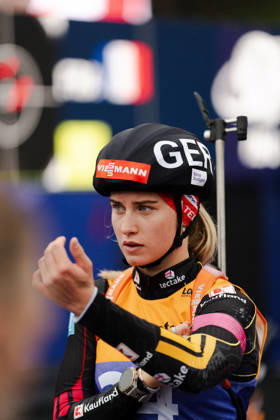 October 18, 2026, GER, Biathlon, Women, IBU Biathlon Loop One Festival 2026, 2026–2027 Season, Women’s Super Sprint Qualification Heat 1–4: Johanna Puff (DEU), No. 43, pictured warming up at the Olympic Park in Munich, Bavaria, Germany Copyright: xNordphoto Vux