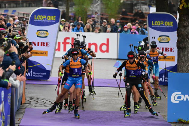 BIATHLON Start Heat 1 of the Women s and Men s Super Sprint Qualification during the Loop One Biathlon Opening Festival at the Olympic Park in Munich on October 18, 2026, Germany, Bavaria, Munich, Hans-Jochen-Vogel-Platz, Olympic Park, Bavaria, Germany