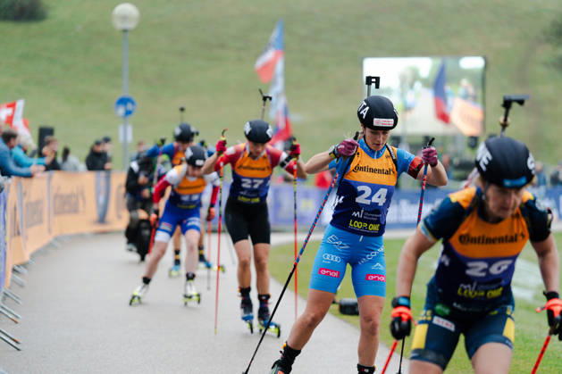 October 18, 2026, GER, Biathlon, Women, IBU Biathlon Loop One Festival 2026, 2026–2027 Season, Women’s Super Sprint Qualification, Heat 1: 4. Johanna Skottheim (SWE), 26; Martina Trabucchi (ITA), 24; Leonora Roenhede (DNK), 27, at the curve in Munich’s Olympic Park, Bavaria, Germany Copyright: xNordphoto Vux