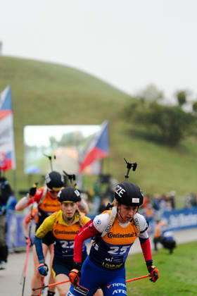 October 18, 2026, GER, Biathlon, Women, IBU Biathlon Loop One Festival 2026, 2026–2027 Season, Women’s Super Sprint Qualification, Heat 1: 4. Jessica Jislova (CZE), 25; Khrystyna Dmytrenko (UKR), 22, at the curve in Munich’s Olympiapark, Bavaria, Germany Copyright: xNordphoto Vux