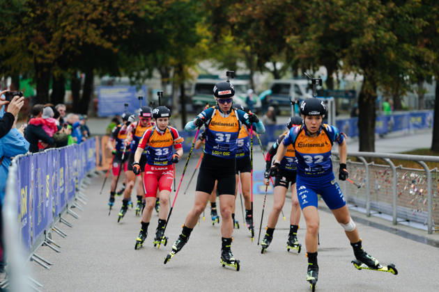 October 18, 2026, GER, Biathlon, Women, IBU Biathlon Loop One Festival 2026, 2026–2027 Season, Women’s Super Sprint Qualifying Heat 1: 4 Oceane Michelon (FRA), 32; Julia Tannheimer (DEU), 34; Suvi Minkkinen (FIN), 31; Marthe K. Johansen (NOR), 33 in the lead; Munich Olympic Park, Bavaria, Germany Copyright: xNordphoto Vux