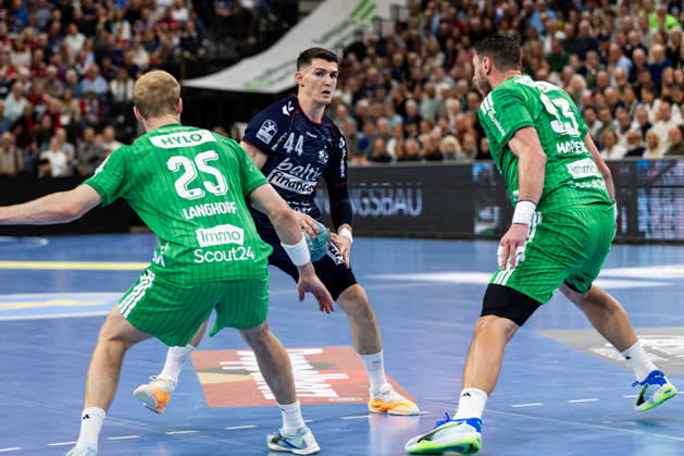 Opel HBL SG Flensburg Handewitt vs. Füchse Berlin 18 10 26 Aymeric Minne No. 44, SG Flensburg Handewitt vs. Matthes Langhoff No. 25, Füchse Berlin, and Mijajlo Marsenic No. 93, Füchse Berlin; Opel HBL SG Flensburg Handewitt vs. Füchse Berlin, GGW Arena on October 18, 2026 Copyright: xBEAUTIFULxSPORTS MarioxM.xKobergx
