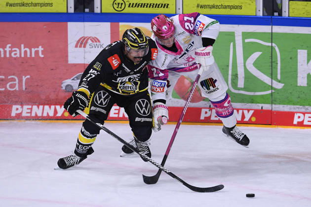 Ice Hockey Penny DEL Matchday 10: Krefeld Pinguine vs. Eisbären Berlin on October 18, 2026, at the Yayla Arena in Krefeld; Clinston Joseph Robert C. J. Suess (Krefeld), on the left, Manuel Wiederer (Berlin); on the right, In accordance with the guidelines of the DEL (German Ice Hockey League), the publication and further use of the footage in electronic media and on devices of any kind during the game is not permitted. xRx