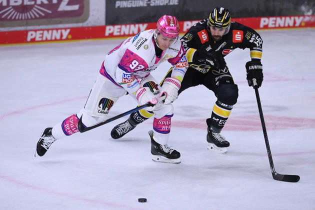 Ice Hockey: Penny DEL, Matchday 10—Krefeld Pinguine vs. Eisbären Berlin on October 18, 2026, at the Yayla Arena in Krefeld. Leonard Pföderl (Berlin), in the foreground: Davis Vandane (Krefeld); in the background: In accordance with the guidelines of the DEL (German Ice Hockey League), the publication and further use of the footage in electronic media and on devices of any kind during the game is not permitted. xRx