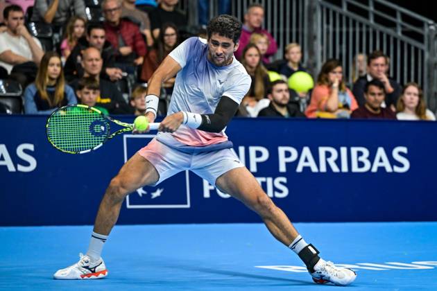 Aziz Dougaz of Tunisia pictured in action during the European Open ATP, Tennis Herren tennis tournament in Brussels, on Saturday 18 October. This year s edition of the tournament is taking place from 17 to 25 October DAVIDxPINTENS  x190207663x