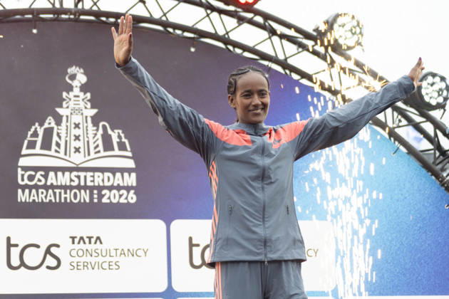 (261018) -- AMSTERDAM, Oct. 18, 2026 -- Buze Diriba of Ethiopia is pictured on the podium after winning the women s race of the Amsterdam Marathon in Amsterdam, the Netherlands, Oct. 18, 2026. (Photo by Xinhua) (SP)THE NETHERLANDS-AMSTERDAM-MARATHON SylviaxLederer 