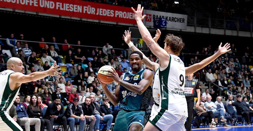 October 18, 2026, xokbx, BBL Cup, Frankfurt Skyliners vs. VET Concept Gladiators Trier, featuring William Christmas of the Fraport Skyliners Frankfurt, Maik Zirbes, Gladiators Trier, Marco Hollersbacher, Gladiators Trier, one-on-one battle, matchup, Frankfurt am Main