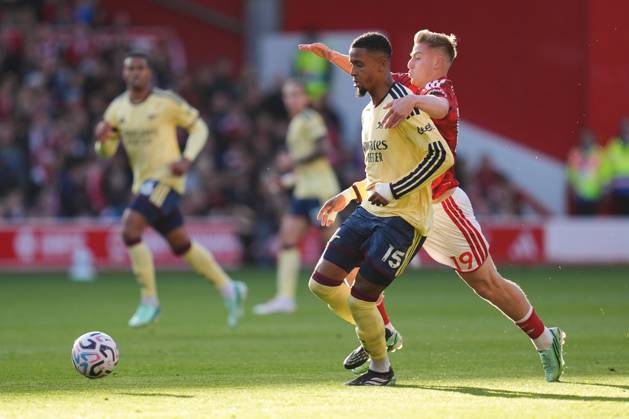 Ezri Konsa of Arsenal is fouled by Liam Delap of Nottingham Forest Nottingham Forest v Arsenal, Premier League, Football, The City Ground, Nottingham, UK - 18 Oct 2026Nottingham The City Ground United Kingdom EDITORIAL USE ONLY No use with unauthorised audio, video, data, fixture lists, club league logos or live services. Online in-match use limited to 120 images, no video emulation. No use in betting, games or single club league player publications. Copyright: xWiredxPhotos Shutterstockx 17222726u