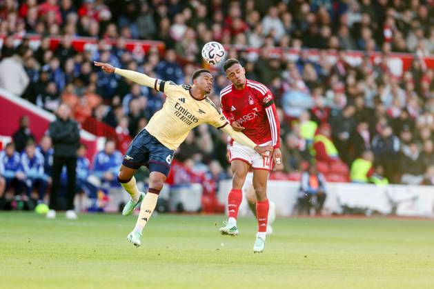 Gabriel of Arsenal and Dan Ndoye of Nottingham Forest Nottingham Forest v Arsenal, Premier League, Football, City Ground, Nottingham, UK - 18 Oct 2026Nottingham City Ground United Kingdom EDITORIAL USE ONLY No use with unauthorised audio, video, data, fixture lists, club league logos or live services. Online in-match use limited to 120 images, no video emulation. No use in betting, games or single club league player publications. Copyright: xRYANxBROWNE Shutterstockx 17222838c