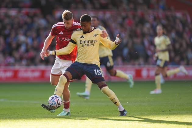 Ezri Konsa of Arsenal is fouled by Liam Delap of Nottingham Forest Nottingham Forest v Arsenal, Premier League, Football, The City Ground, Nottingham, UK - 18 Oct 2026Nottingham The City Ground United Kingdom EDITORIAL USE ONLY No use with unauthorised audio, video, data, fixture lists, club league logos or live services. Online in-match use limited to 120 images, no video emulation. No use in betting, games or single club league player publications. Copyright: xWiredxPhotos Shutterstockx 17222726w