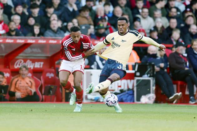 Gabriel of Arsenal and Dan Ndoye of Nottingham Forest Nottingham Forest v Arsenal, Premier League, Football, City Ground, Nottingham, UK - 18 Oct 2026Nottingham City Ground United Kingdom EDITORIAL USE ONLY No use with unauthorised audio, video, data, fixture lists, club league logos or live services. Online in-match use limited to 120 images, no video emulation. No use in betting, games or single club league player publications. Copyright: xRYANxBROWNE Shutterstockx 17222838d