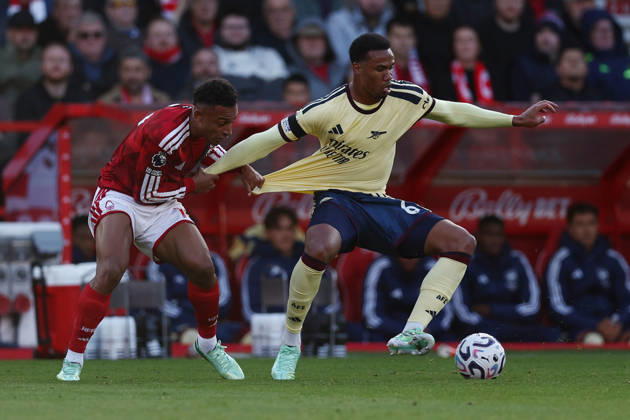 Nottingham, England, 18th October 2026. Dan Ndoye of Nottingham Forest and Gabriel of Arsenal challenge for the ball during the Nottingham Forest vs Arsenal Premier League match at the City Ground, Nottingham. Picture credit should read: Jake Youle Sportimage EDITORIAL USE ONLY. No use with unauthorised audio, video, data, fixture lists, club league logos or live services. Online in-match use limited to 120 images, no video emulation. No use in betting, games or single club league player publications. SPI_024_JY_Forest_Arsenal SPI-5083-0024