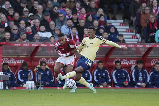 City Ground NOTTINGHAM, ENGLAND - OCTOBER 18th : Gabriel of Arsenal FC and Dan Ndoye of Nottingham Forest seen in action during the Premier league football match between Nottingham Forest and Arsenal FC at the City Ground on October 18th, 2026 in Nottingham, England. (Paul Bonser Sports Press Photo SPP) Copyright: xPaulxBonserx xSportsxPressxPhotox xSPPx spp-en-PaBoSpPrPh-spp_paulbonser-25080276