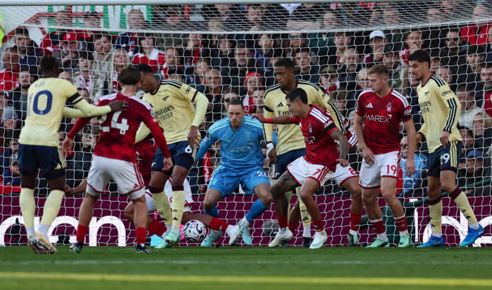 Nottingham Forest v Arsenal Premier League Gabriel of Arsenal tries to back heel a shot into the net during the Premier League match at the City Ground, Nottingham 18 10 2026 UK Newspapers OUT Copyright: xAndyxSumnerx FIL-24081-0024