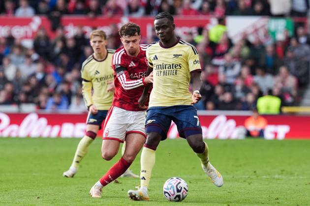 Bukayo Saka of Arsenal under pressure from Neco Williams of Nottingham Forest Nottingham Forest v Arsenal, Premier League, Football, The City Ground, Nottingham, UK - 18 Oct 2026Nottingham The City Ground United Kingdom EDITORIAL USE ONLY No use with unauthorised audio, video, data, fixture lists, club league logos or live services. Online in-match use limited to 120 images, no video emulation. No use in betting, games or single club league player publications.  Copyright: xWiredxPhotos Shutterstockx 17222726ai