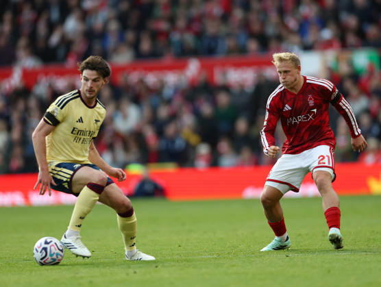 Nottingham Forest v Arsenal Premier League Xaver Schlager of Nottingham Forest closes down Declan Rice of Arsenal during the Premier League match at the City Ground, Nottingham 18 10 2026 UK Newspapers OUT Copyright: xAndyxSumnerx FIL-24081-0042
