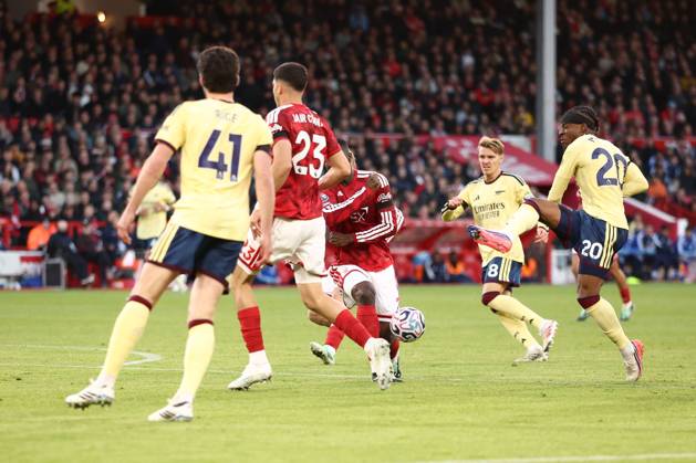 Noni Madueke of Arsenal shoots. Nottingham Forest v Arsenal, Premier League, Football, City Ground, Nottingham, UK - 18 Oct 2026Nottingham City Ground United Kingdom EDITORIAL USE ONLY No use with unauthorised audio, video, data, fixture lists, club league logos or live services. Online in-match use limited to 120 images, no video emulation. No use in betting, games or single club league player publications.  Copyright: xRYANxBROWNE Shutterstockx 17222656bh