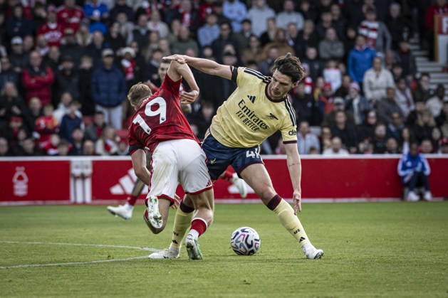 18th October 2026; The City Ground, Nottingham, Nottinghamshire, England; Premier League Football, Nottingham Forest versus Arsenal; Liam Delap of Nottingham Forest is fouled by Declan Rice of Arsenal GodfreyxPitt
