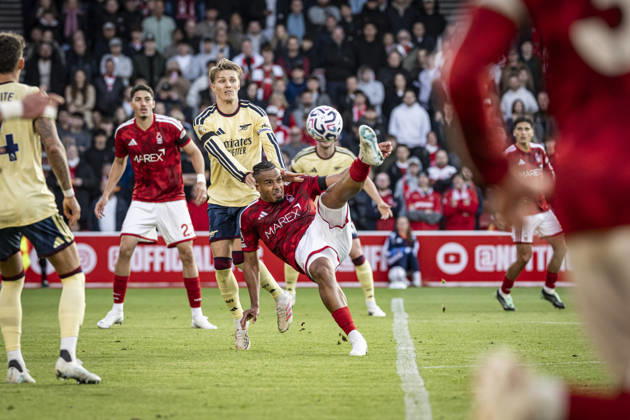 18th October 2026; The City Ground, Nottingham, Nottinghamshire, England; Premier League Football, Nottingham Forest versus Arsenal; Murillo of Nottingham Forest attempts an overhead kick GodfreyxPitt