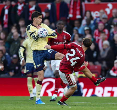 Nottingham Forest v Arsenal Premier League Kai Havertz of Arsenal is penalised for a hand ball after the shot of James McAtee of Nottingham Forest during the Premier League match at the City Ground, Nottingham 18 10 2026 UK Newspapers OUT Copyright: xAndyxSumnerx FIL-24081-0047