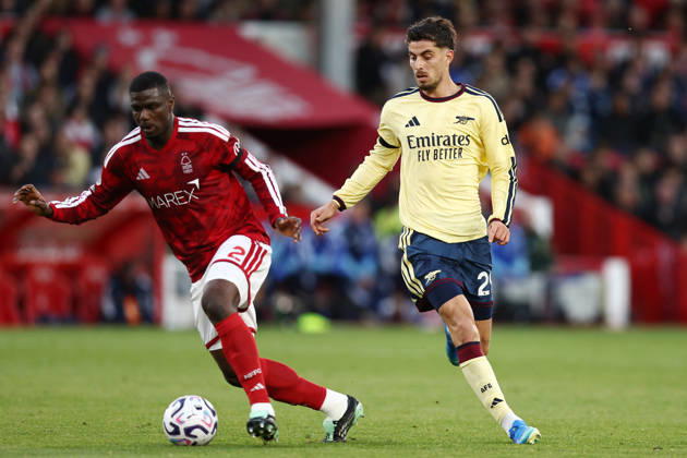 Nottingham, England, 18th October 2026. Ousmande Diomande of Nottingham Forest under pressure from Kai Havertz of Arsenal during the Nottingham Forest vs Arsenal Premier League match at the City Ground, Nottingham. Picture credit should read: Jake Youle Sportimage EDITORIAL USE ONLY. No use with unauthorised audio, video, data, fixture lists, club league logos or live services. Online in-match use limited to 120 images, no video emulation. No use in betting, games or single club league player publications. SPI_032_JY_Forest_Arsenal SPI-5083-0032
