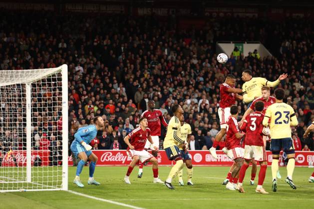 Gabriel of Arsenal heads towards goal. Nottingham Forest v Arsenal, Premier League, Football, City Ground, Nottingham, UK - 18 Oct 2026Nottingham City Ground United Kingdom EDITORIAL USE ONLY No use with unauthorised audio, video, data, fixture lists, club league logos or live services. Online in-match use limited to 120 images, no video emulation. No use in betting, games or single club league player publications.  Copyright: xRYANxBROWNE Shutterstockx 17222656bj