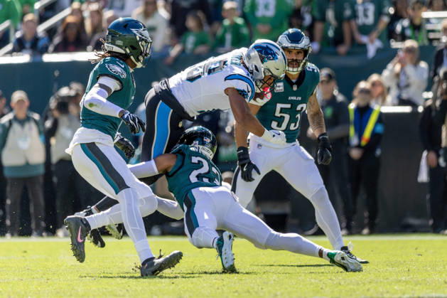 Carolina Panthers wide receiver Jalen Coker (18) is tackled by Philadelphia Eagles Kenny Moore (23) at the 33 yrs line for a first down in the first quarter of NFL, American Football Herren, USA action at Lincoln Financial Field in Philadelphia, Pennsylvania on Sunday, October 18, 2016.  PHI20261018009 LAURENCExKESTERSON