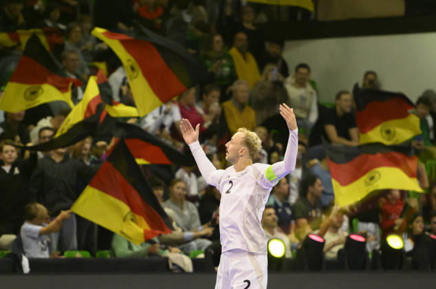 Christopher Wittig (GER) celebrates after scoring his goal in the 2-2 Futsal World Cup qualifying match between Germany and Lithuania (4-2), on October 18, 2026, at the Westenergie Sporthalle in Mülheim an der Ruhr, Germany